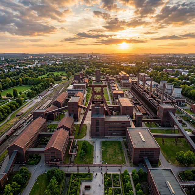 Drohnenaufnahme der Zeche Zollverein in Essen bei Sonnenuntergang – UNESCO Weltkulturerbe im Ruhrgebiet