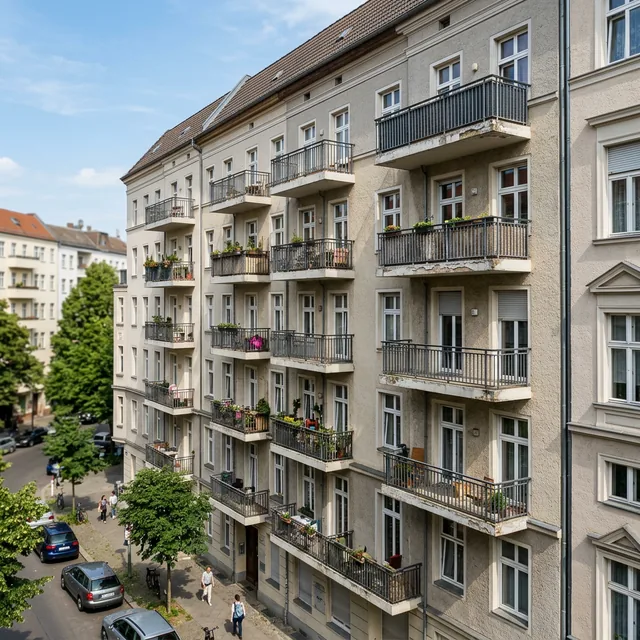 Drohnenaufnahme einer deutschen Hausfassade mit Balkonen aus erhöhter Perspektive
