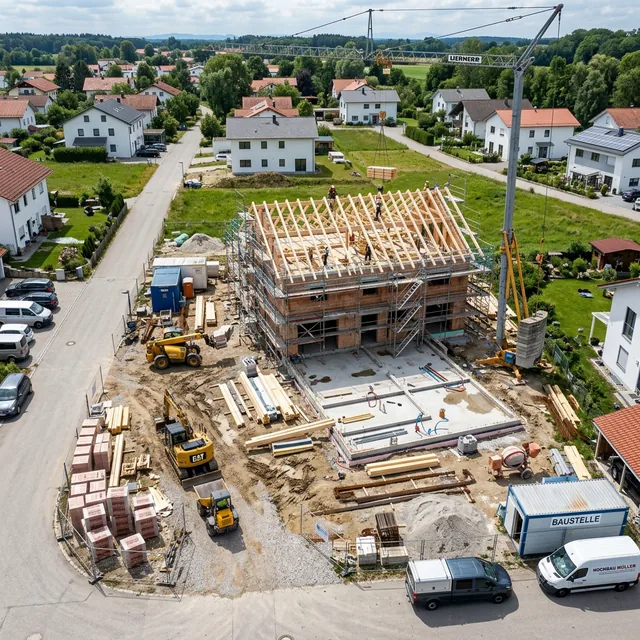 Drohnenaufnahme einer deutschen Baustelle mit Rohbau und Baugerüst