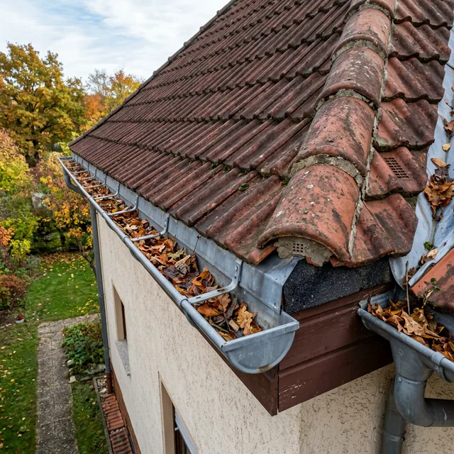 Drohnenaufnahme einer verstopften Dachrinne an einem deutschen Wohnhaus