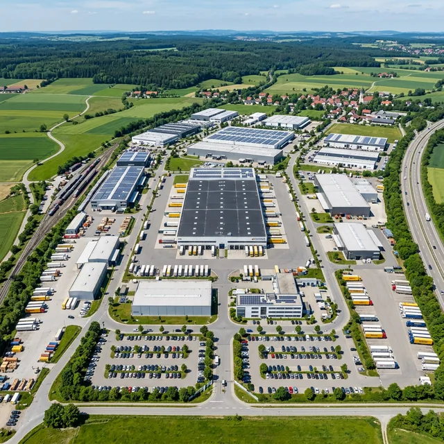 Drohnen-Übersichtsaufnahme eines deutschen Industriegebiets mit Hallen und Parkplätzen