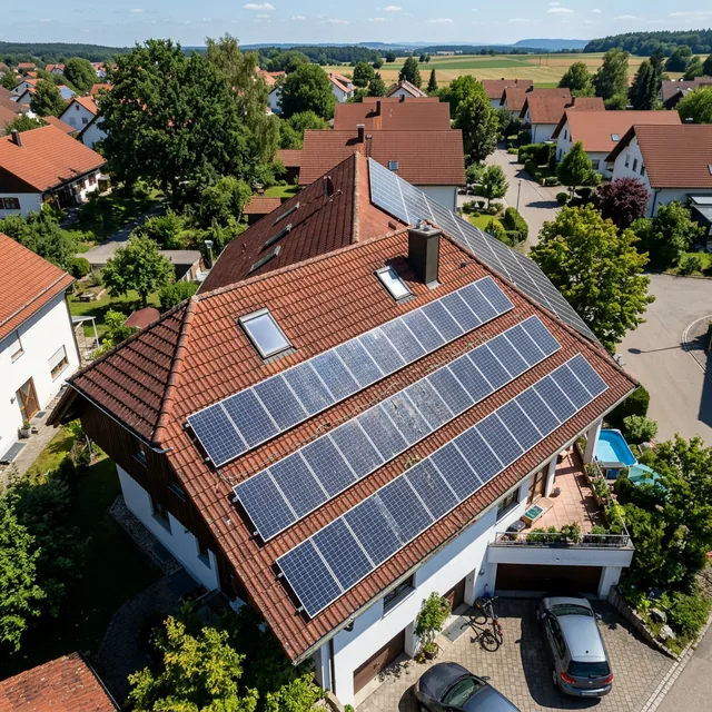 Drohnenaufnahme einer Photovoltaikanlage auf einem deutschen Hausdach