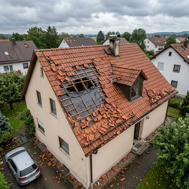 Drohnenaufnahme eines Sturmschadens an einem deutschen Hausdach mit verschobenen Ziegeln