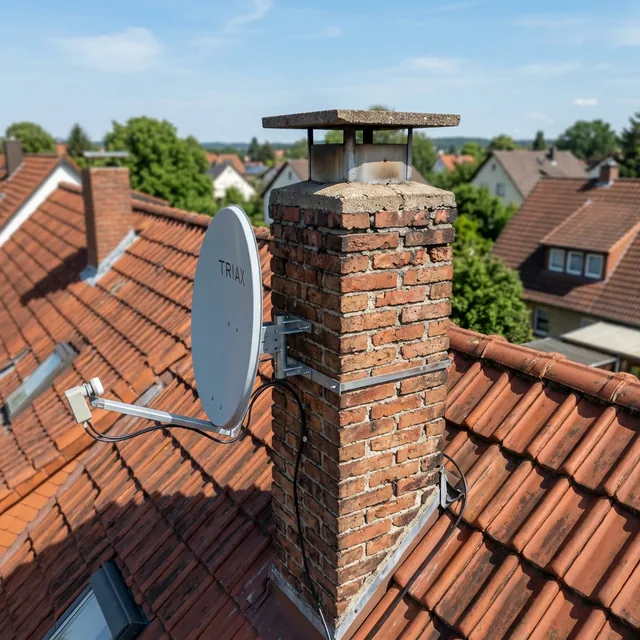 Drohnenaufnahme eines Schornsteins mit Satellitenschüssel auf einem deutschen Hausdach