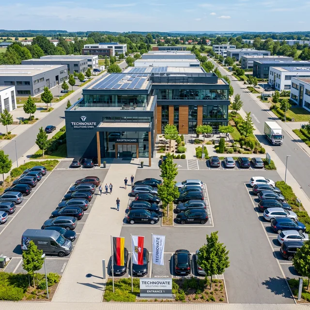 Drohnenaufnahme eines modernen deutschen Firmengebäudes mit Parkplatz