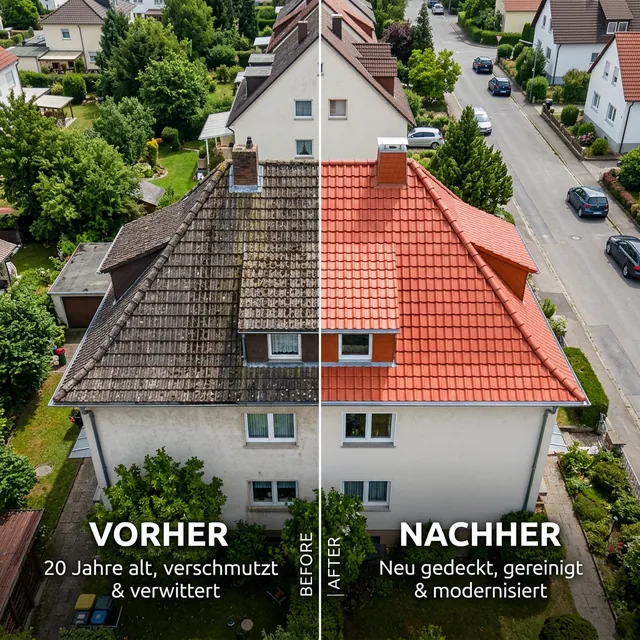 Drohnen Vorher-Nachher-Vergleich eines Daches vor und nach der Sanierung